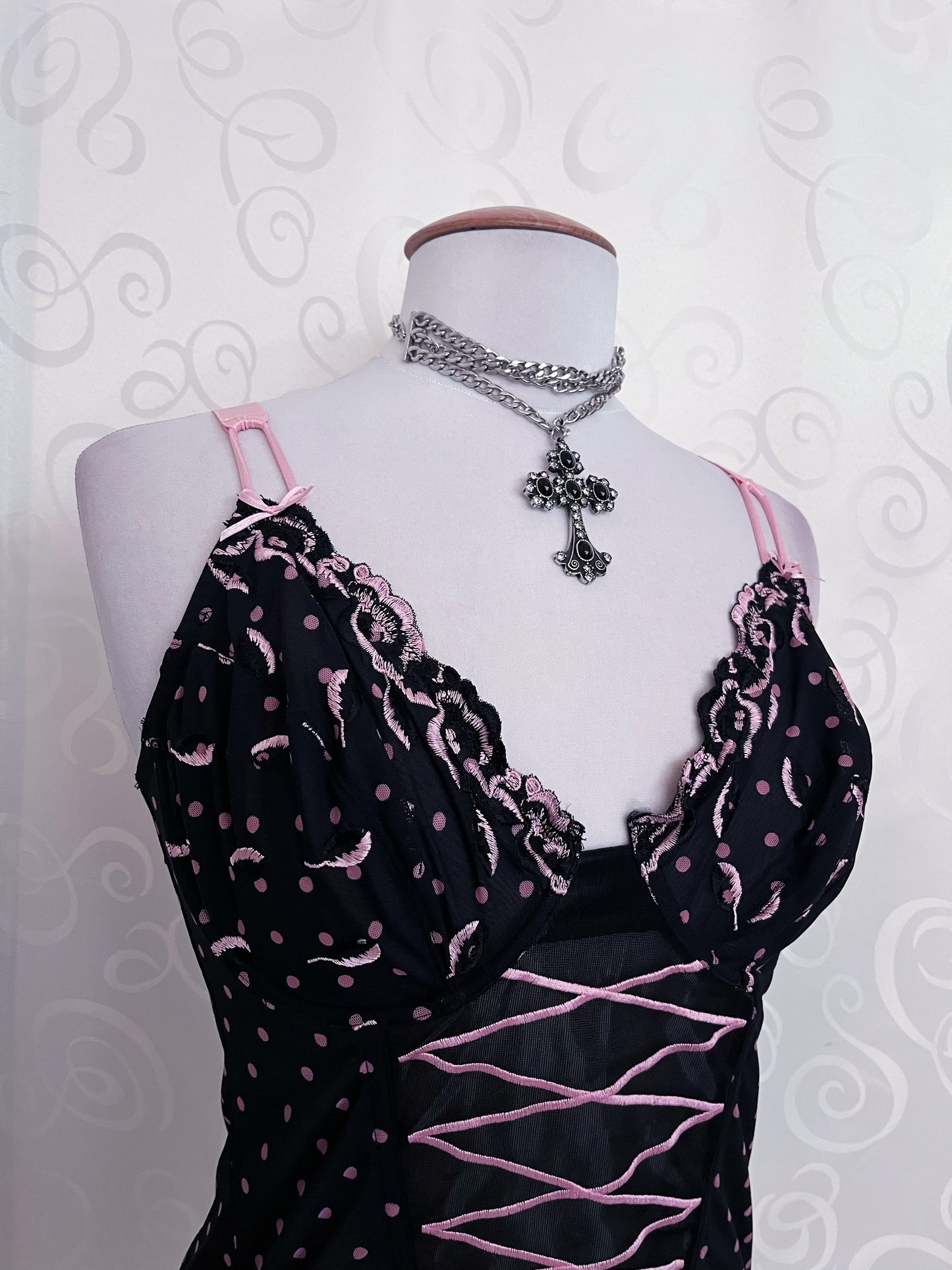 00's dark coquette polka dot lace-up corset 🎀💕