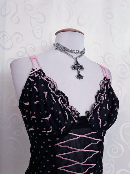 00's dark coquette polka dot lace-up corset 🎀💕
