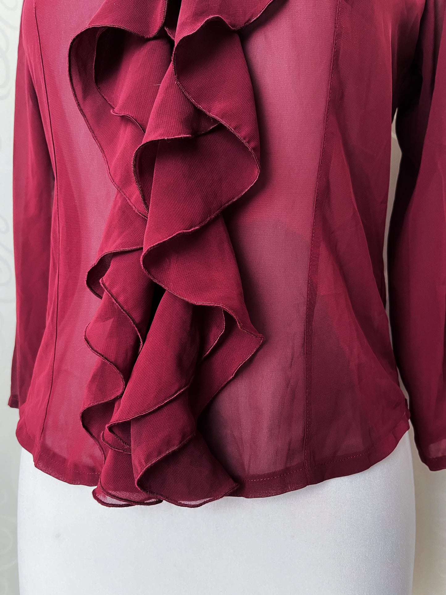 00’s Gothic/Jirai Kei mesh burgundy ruffle shirt 🫀