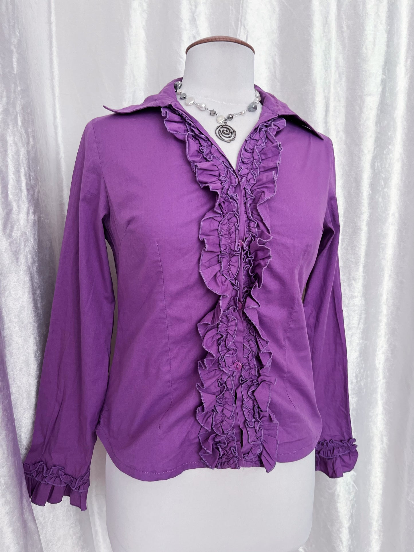 Gothic coquette bright violet cotton shirt with ruffle detail 💜