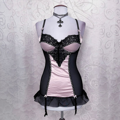 00's dark coquette mesh & satin pink bustier/nightgown 🎀
