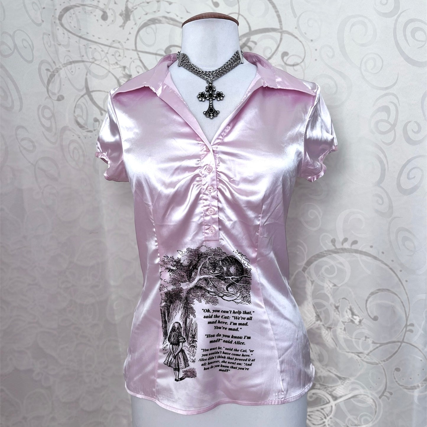 We’re All Mad Here Reworked Fishbone pink saten shirt ⏱️🐇