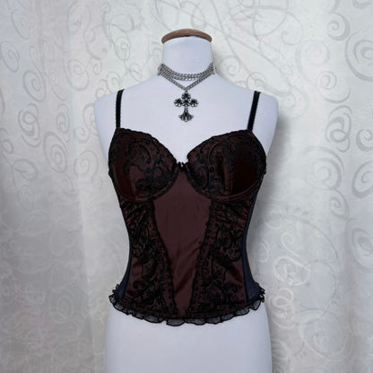 00’s whimsygoth brown corset top with mesh & embroidered detail 🐌🧚🏾