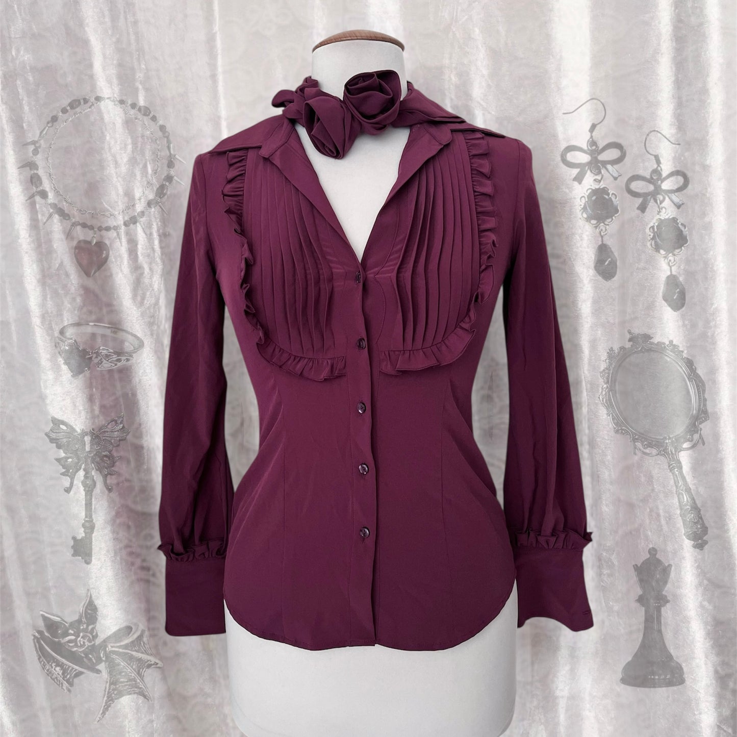 Gothic coquette bright purple shirt with ruffle detail & removable rose collar 🎀
