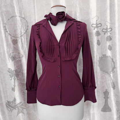 Gothic coquette bright purple shirt with ruffle detail & removable rose collar 🎀