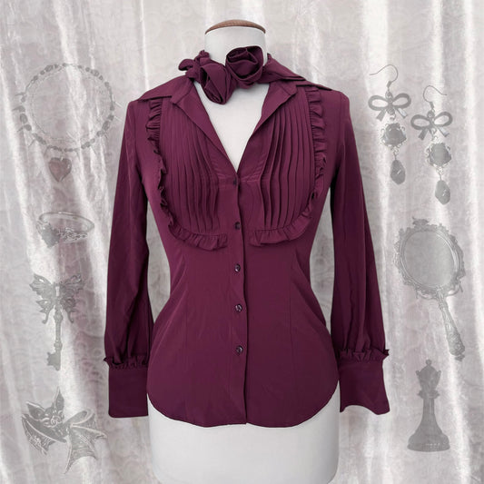 Gothic coquette bright purple shirt with ruffle detail & removable rose collar 🎀