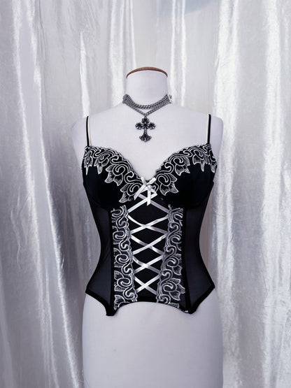 00’s dark fairy mesh corset with embroidered details