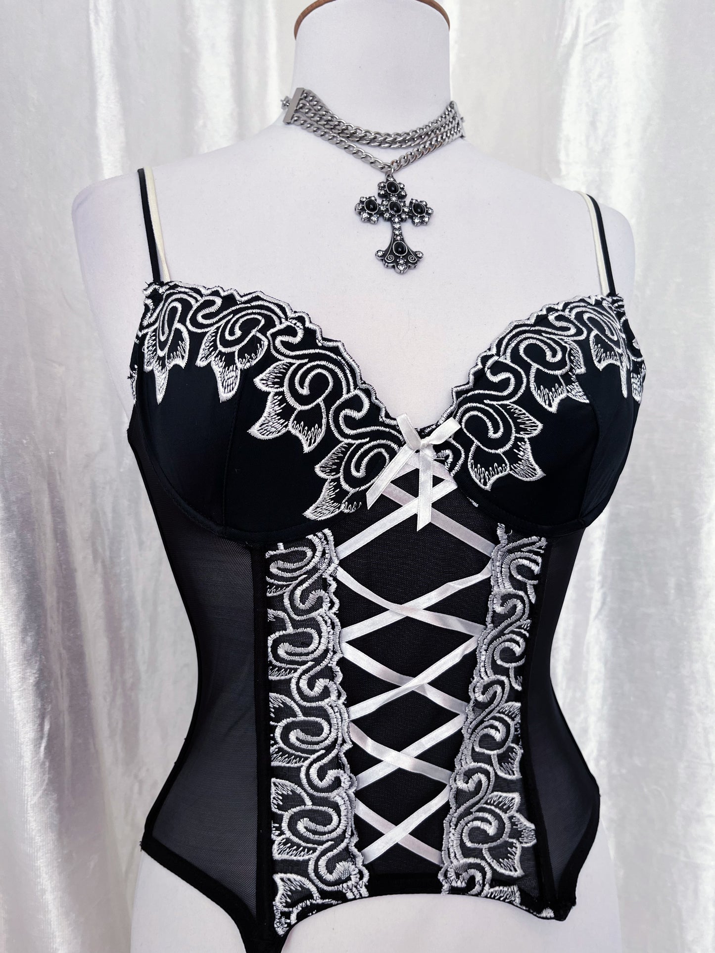 00’s dark fairy mesh corset with embroidered details