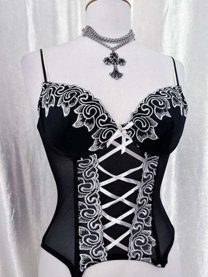 00’s dark fairy mesh corset with embroidered details