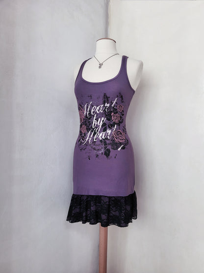 Y2K emo/scene purple print dress with lace hem detail 💜💀